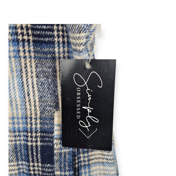 White Birch Plaid Button Down Shacket Women's Small Blue Tan Fuzzy Knit - Picture 5 of 9